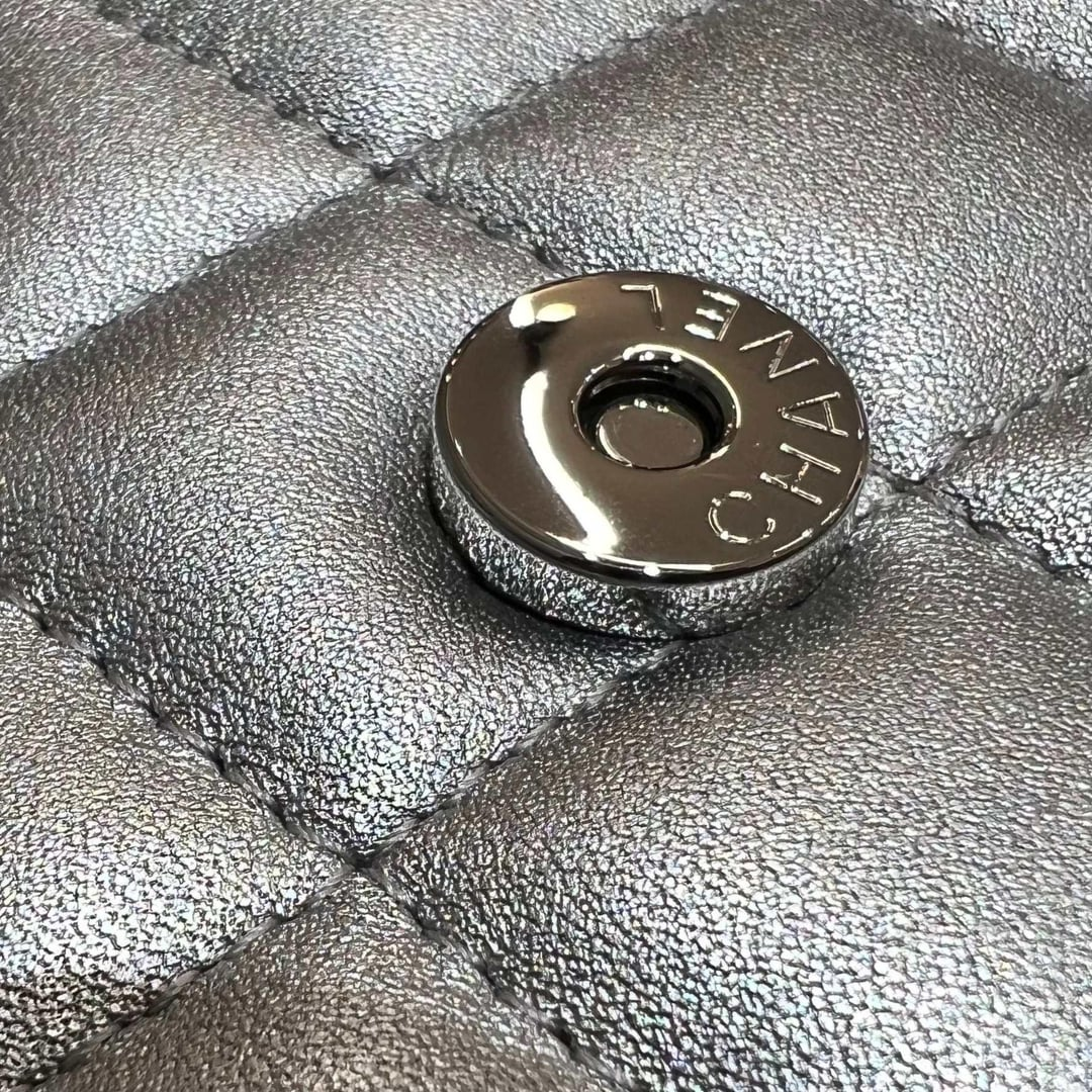 Chanel Lambskin Quilted Chain Top Handle Phone Holder With Chain Silver 18Cm