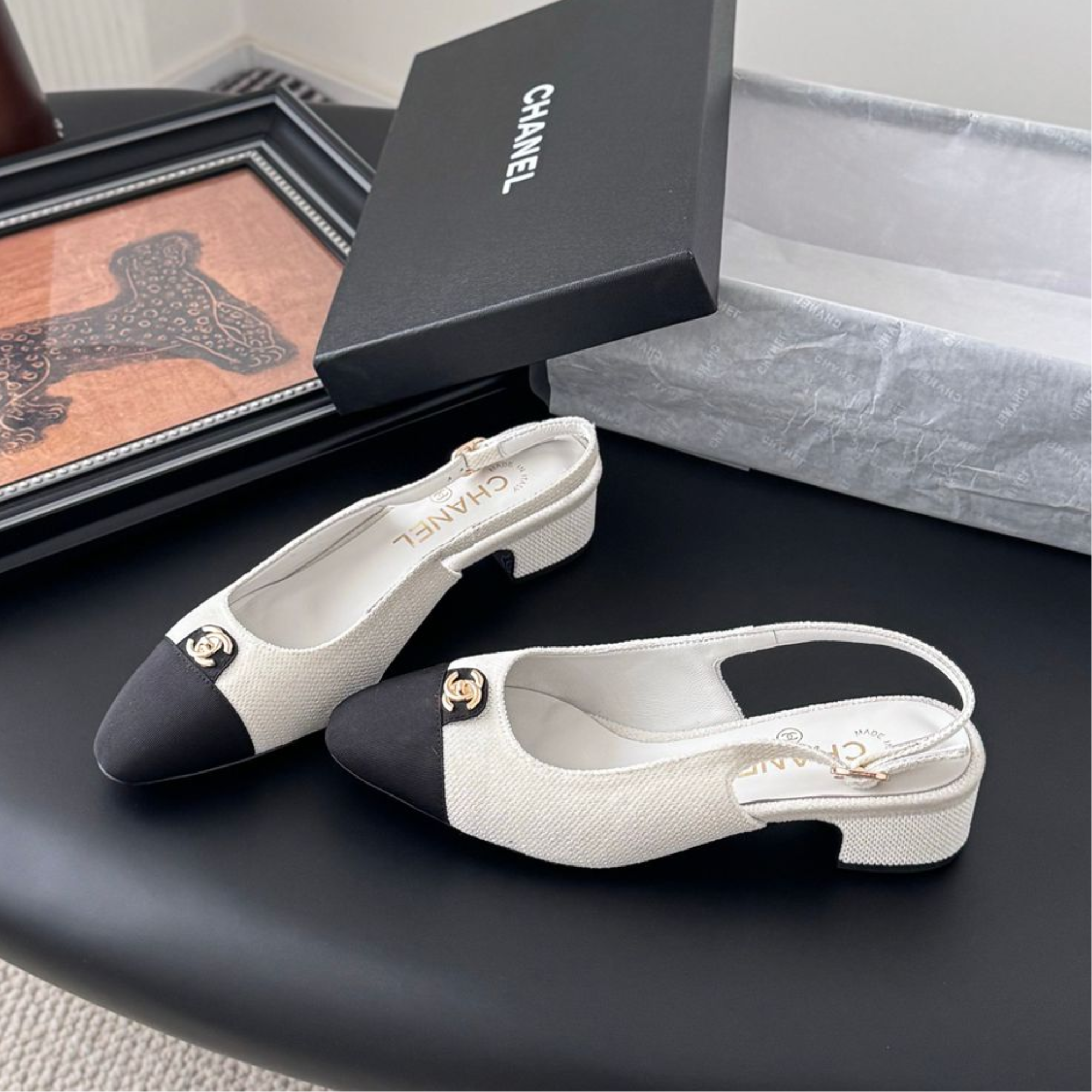 Chanel Iridescent Tweed Cap Toe CC Slingback Flats White Black