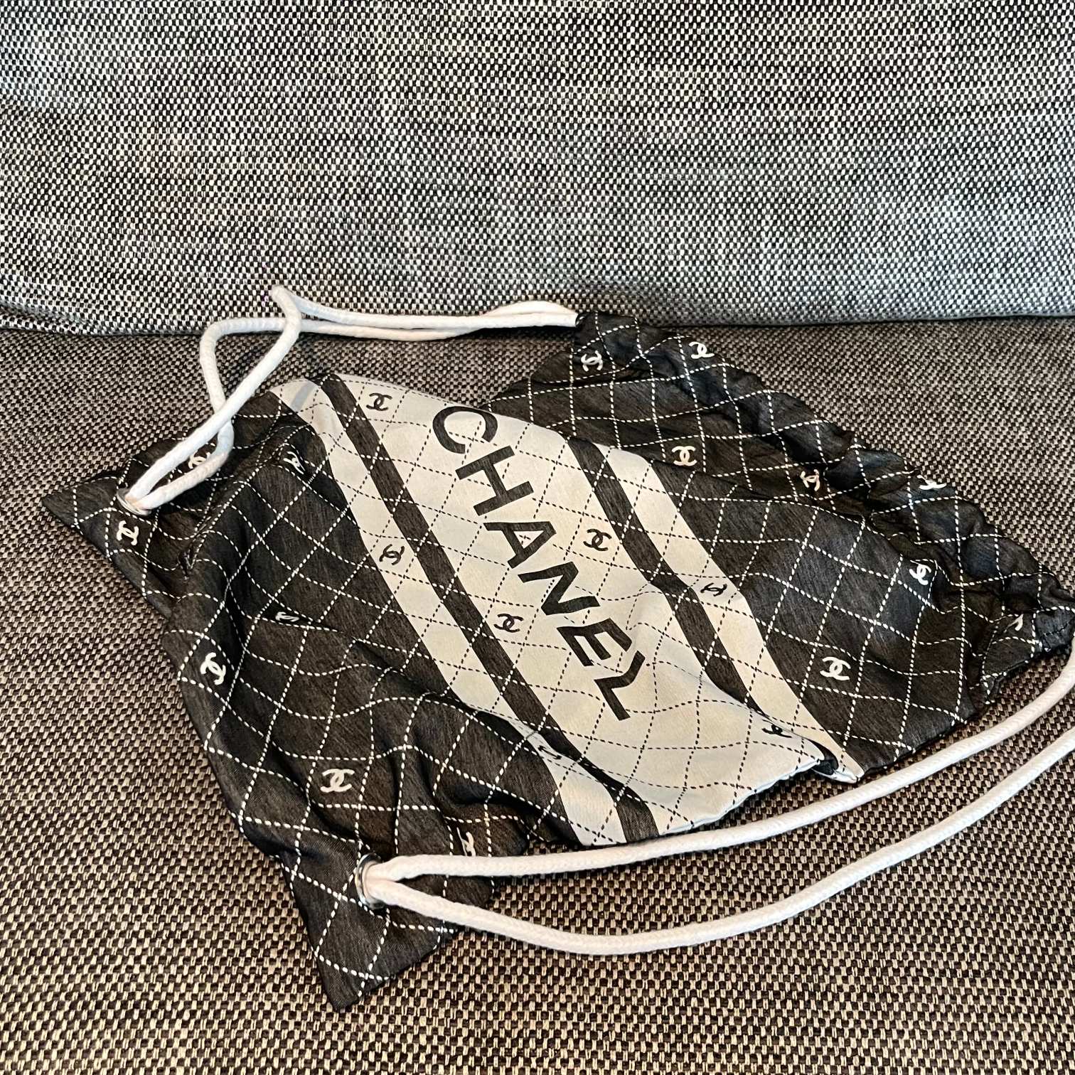 Black & White Printed Cotton Canvas Drawstring Backpack with CC Logo Print