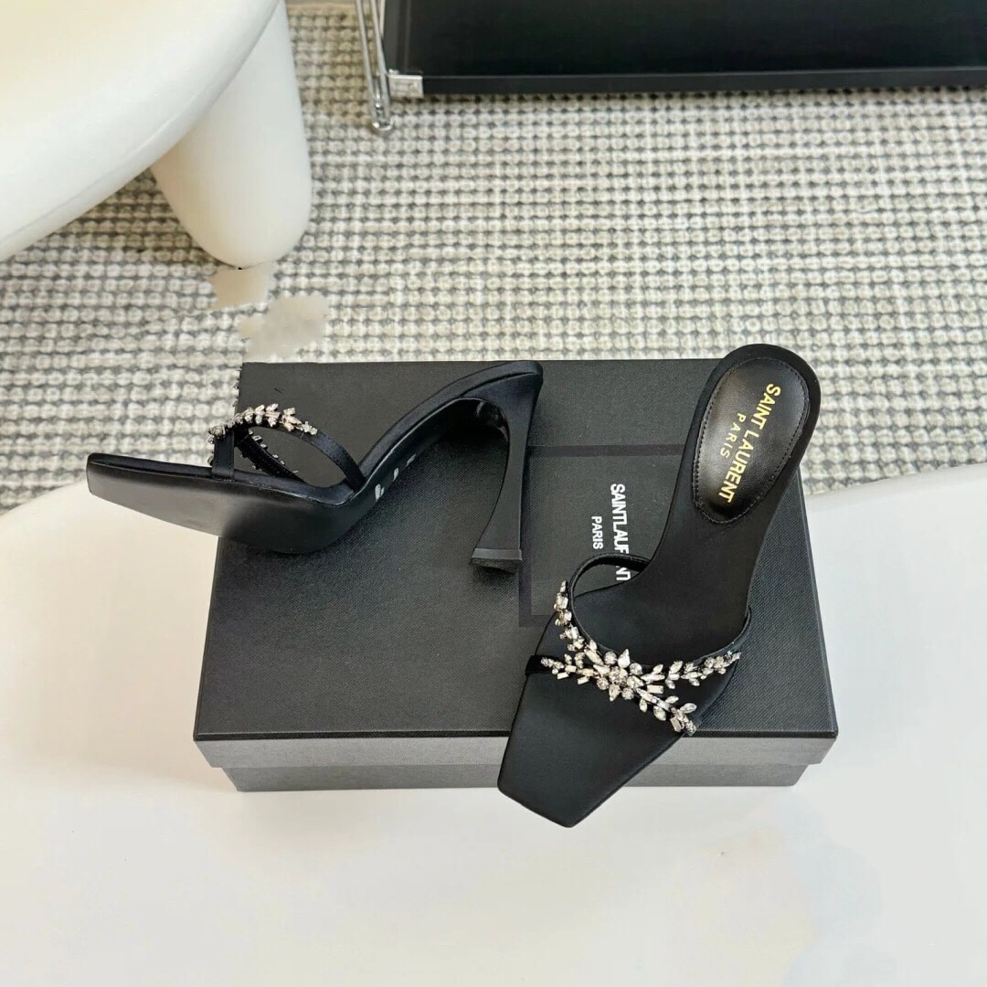 Saint Laurent Liz Mules In Satin And Rhinestones Black