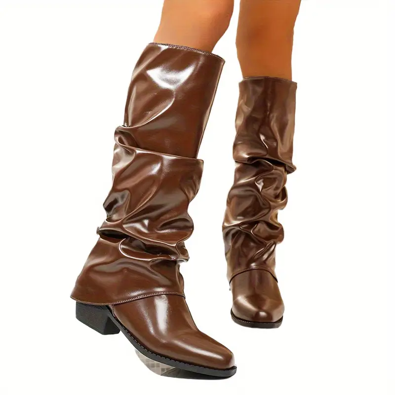 Brown Pointed Toe Block Heel Mid-Calf Boots with Double Pleat Design