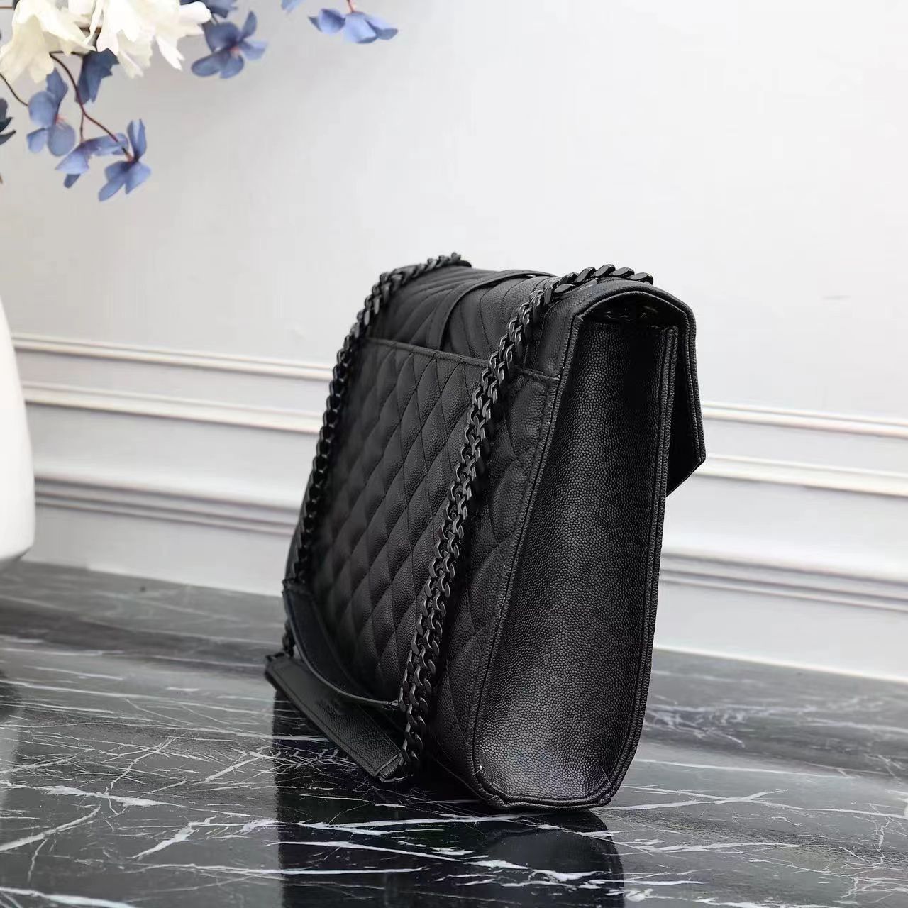 Saint Laurent Envelope Large Bag In Mix Matelassé Grain De Poudre Embossed Leather Black 31Cm 600166Bow981000