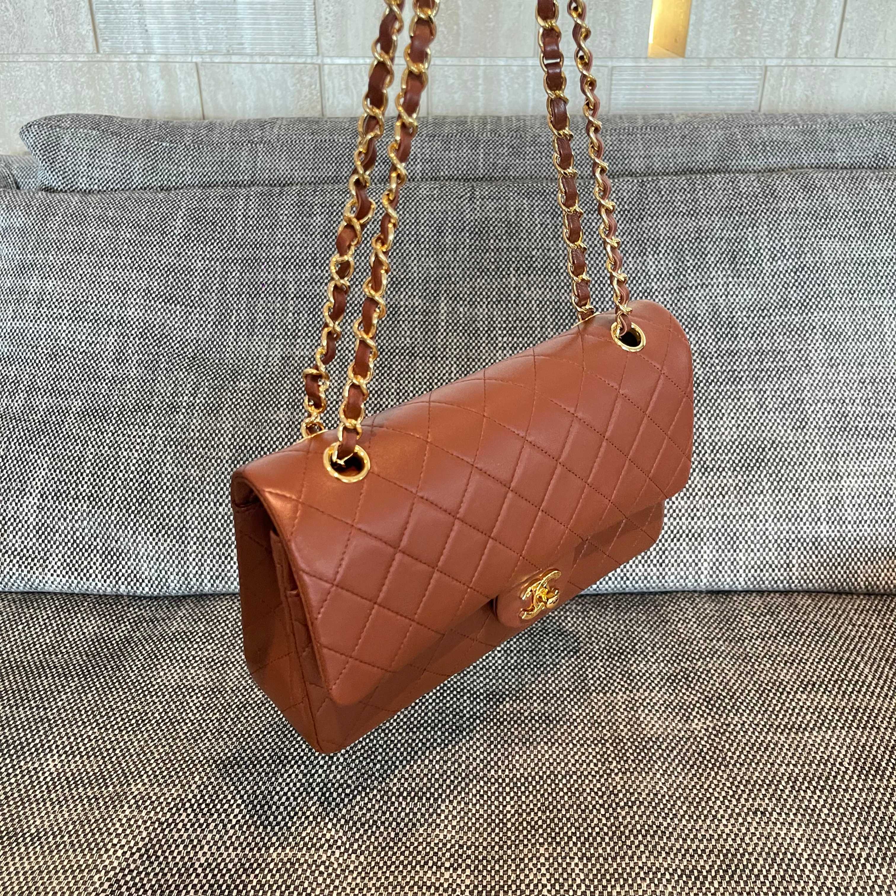 Vintage Classic Flap Caramel Brown Quilted Lambskin Bag with Gold-Tone Hardware