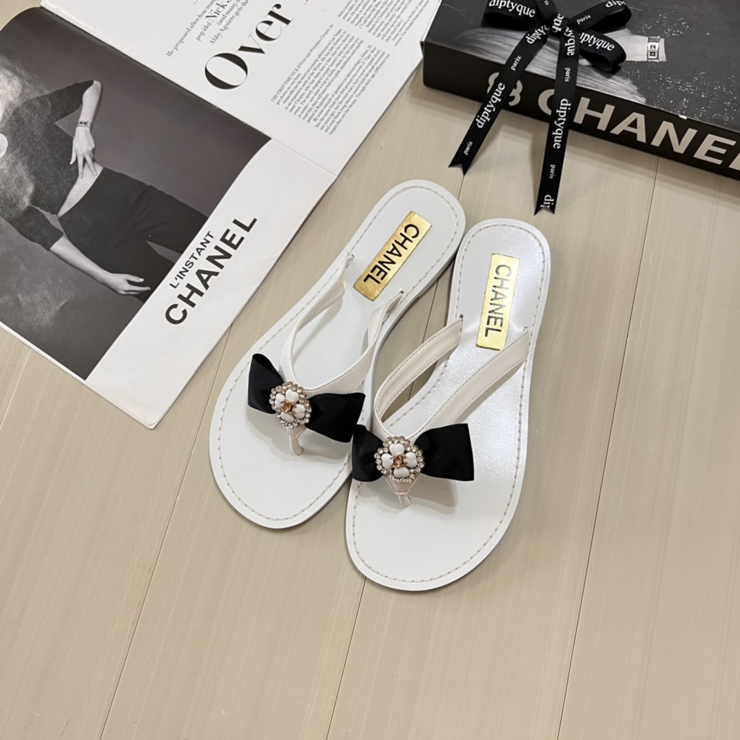 Chanel Thong Slide White Camellia Cc Logo Bow White