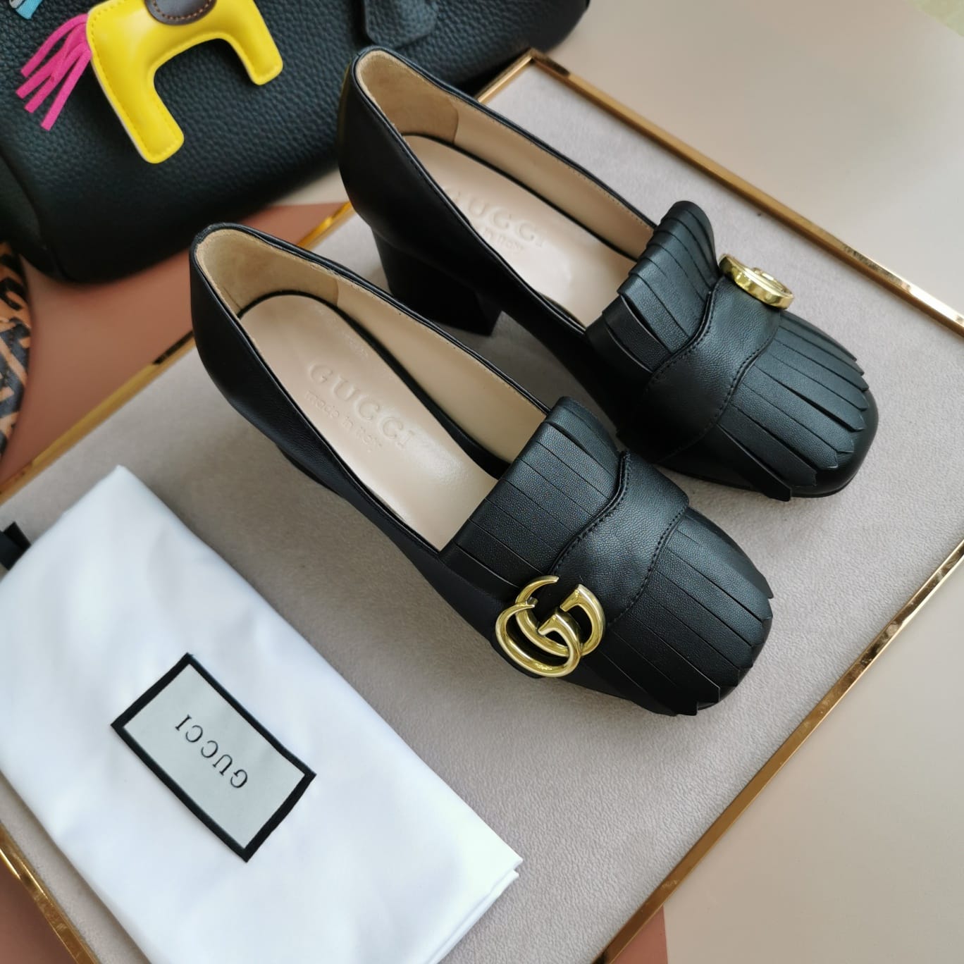 Gucci Wmns Black Leather Mid-Heel Pump 408208 C9D00 1000