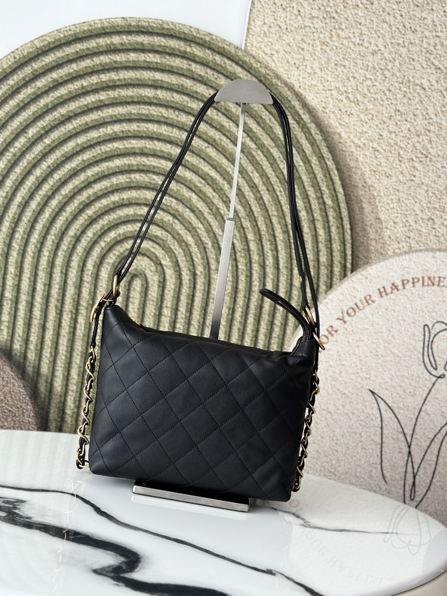 Quilted Calfskin Large Hobo Bag in Black Calfskin with Gold-Tone Hardware