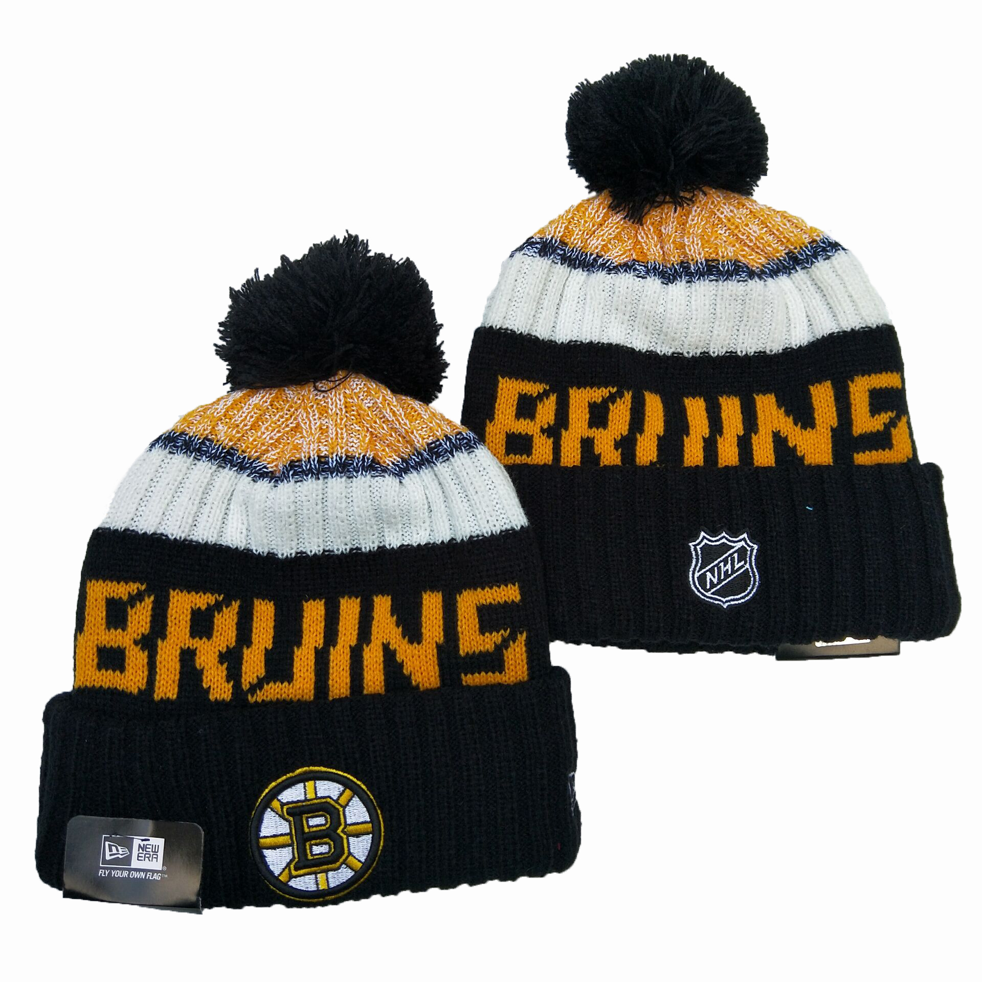 Men's yellow Boston Bruins knit cap with pom-pom