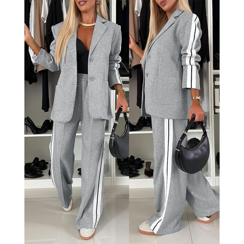 Women's Two Piece Outfits Striped Side Button Blazer