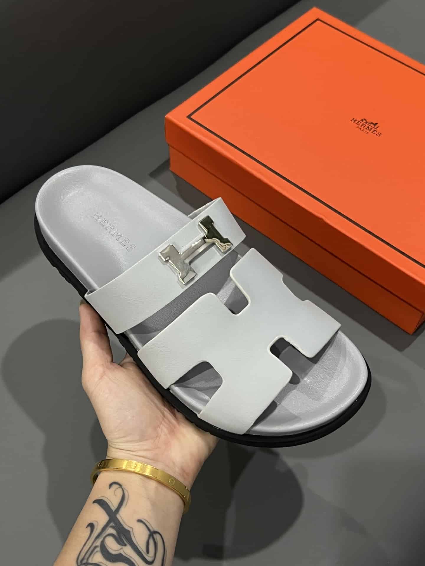 Hermes Chypre Sandal H Logo Silver Hardware Light Grey