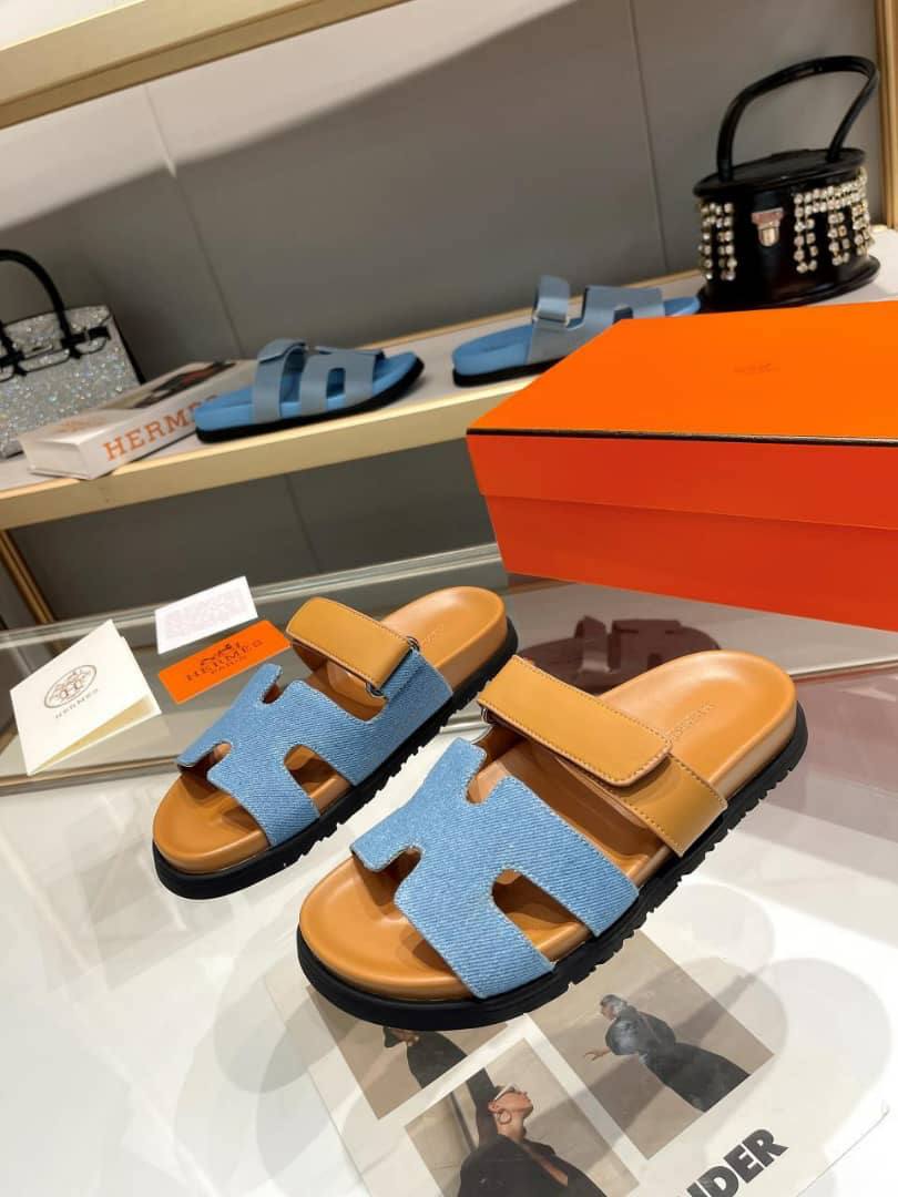 Hermes Chypre Flat Sandals Denim Brown