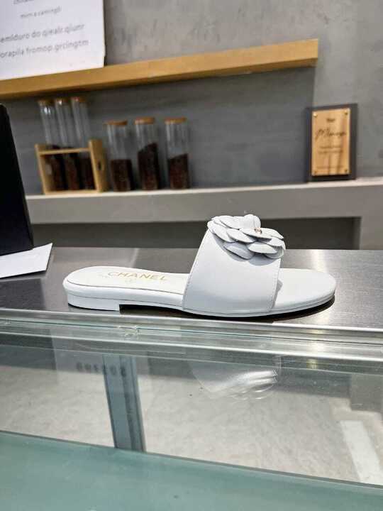 Chanel Camellia Slides White
