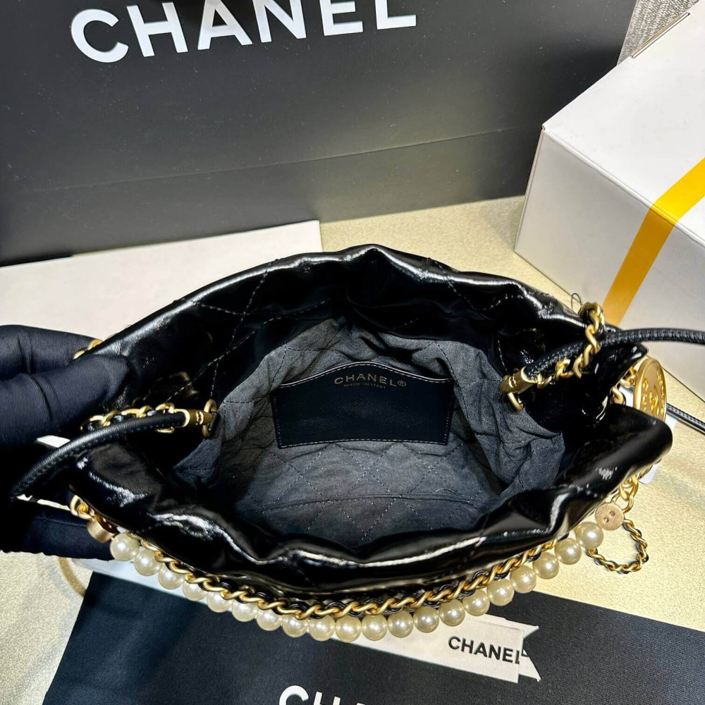 Chanel 22 Mini Bag Shiny Crumpled Calfskin with Pearl Chain