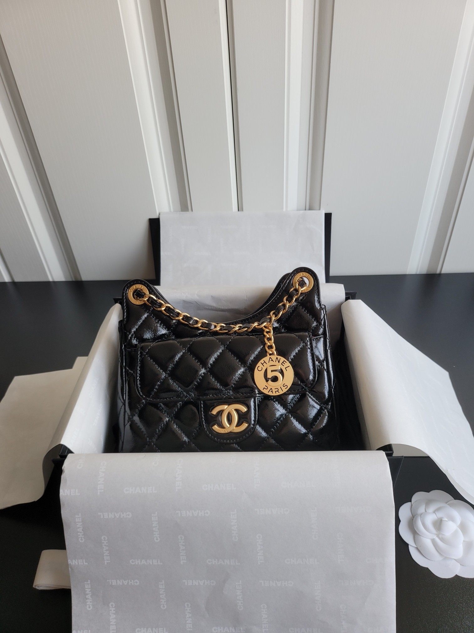 24C Mini Hobo Bag (AS4846) in Black Quilted Shiny Calfskin with Light Gold-Tone Hardware & N°5 Charm