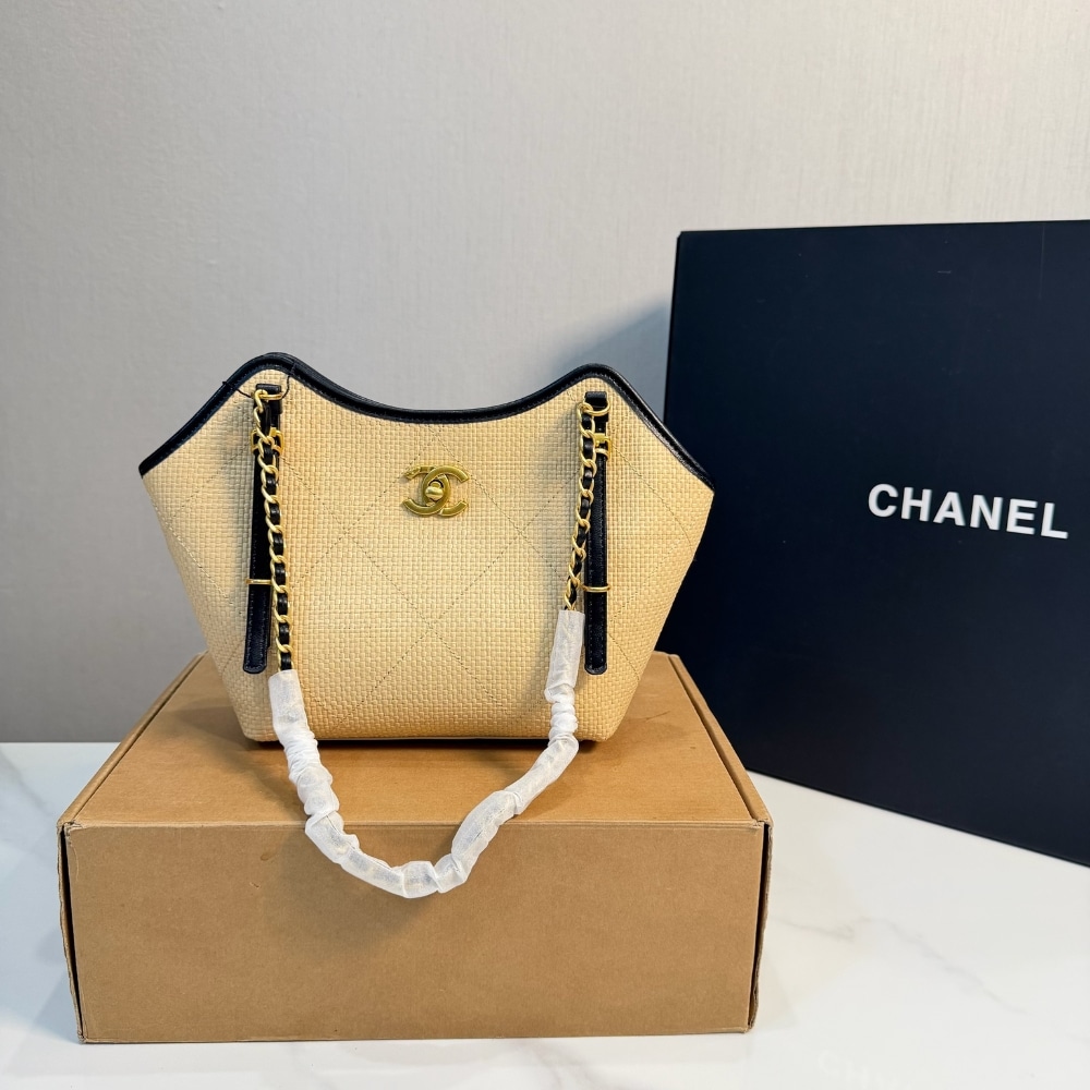 Chanel Small Shopping Bag Braided Raffia Effect Canvas And Gold Tone Metal In Beige 20Cm