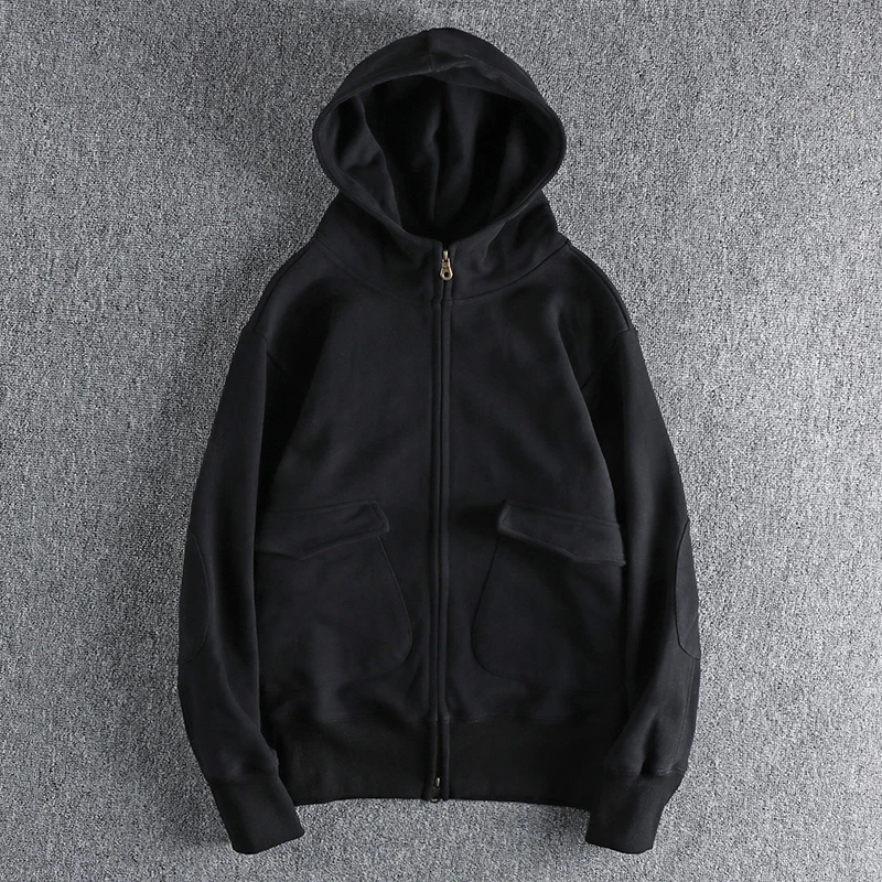 Retro solid color heavy plus velvet padded hooded sweater men’s Joker casual youth hoodie coat in autumn and winter