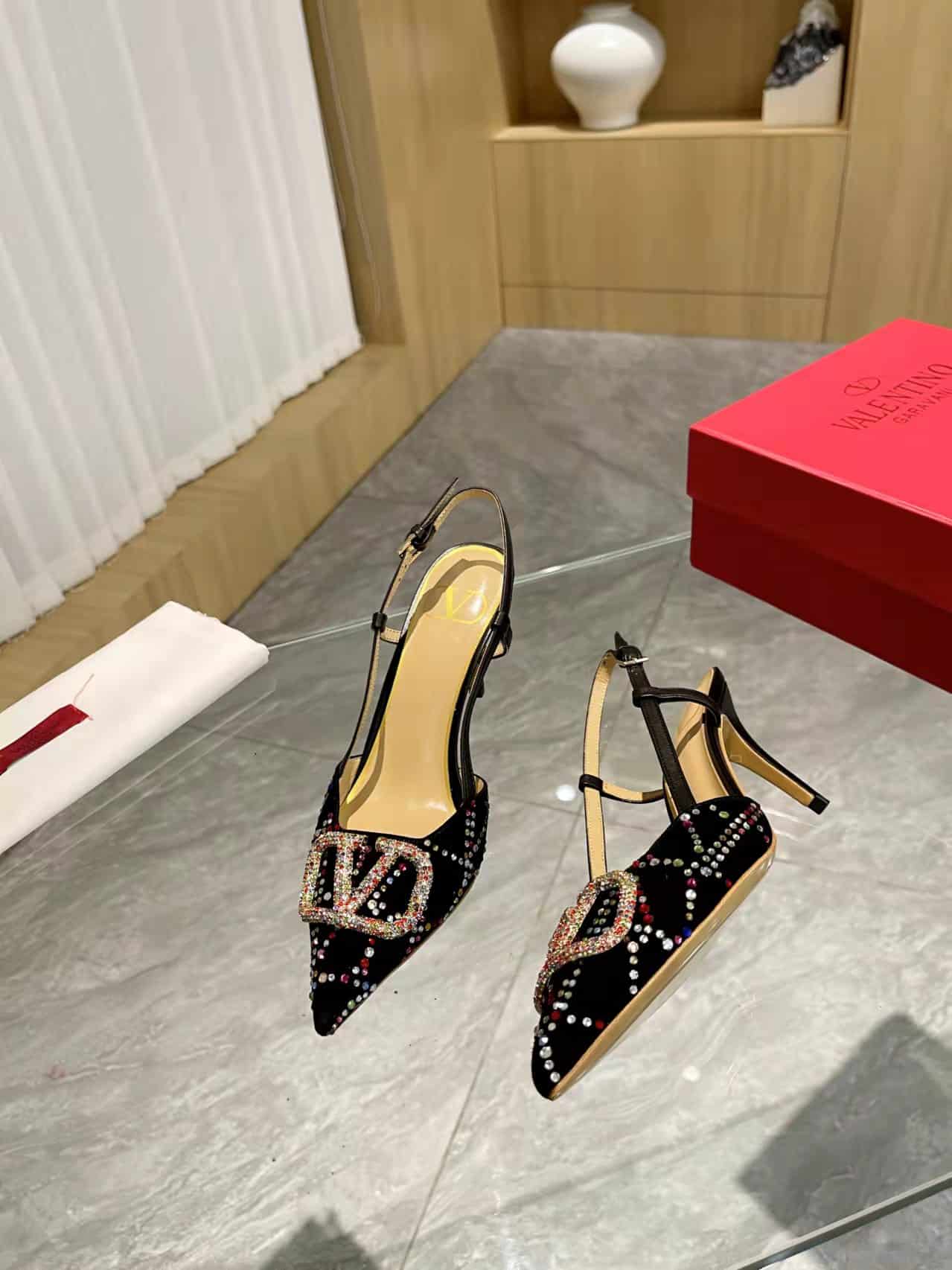 Valentino VLogo Signature Back Strap Crystal High Heels Black