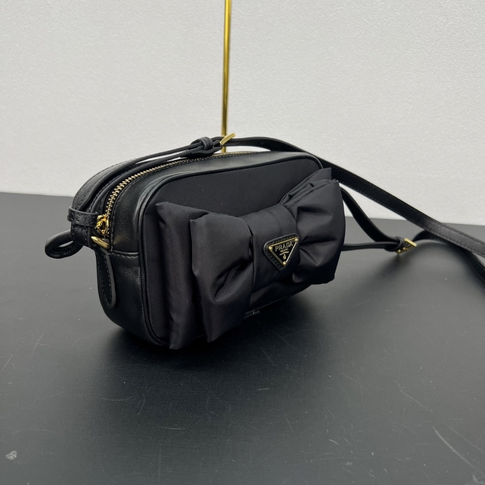 Prada Re Nylon And Nappa Mini Shoulder Bag With Bow Black 18Cm
