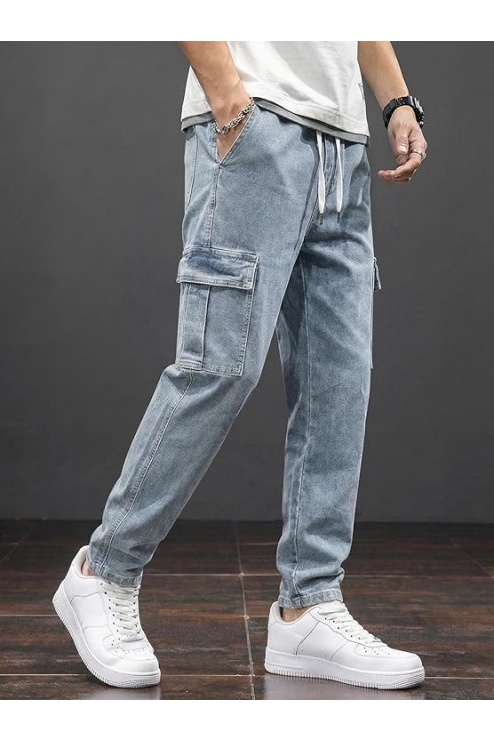 Men's Elastic Waist Cargo Jeans Stretch Denim Pants