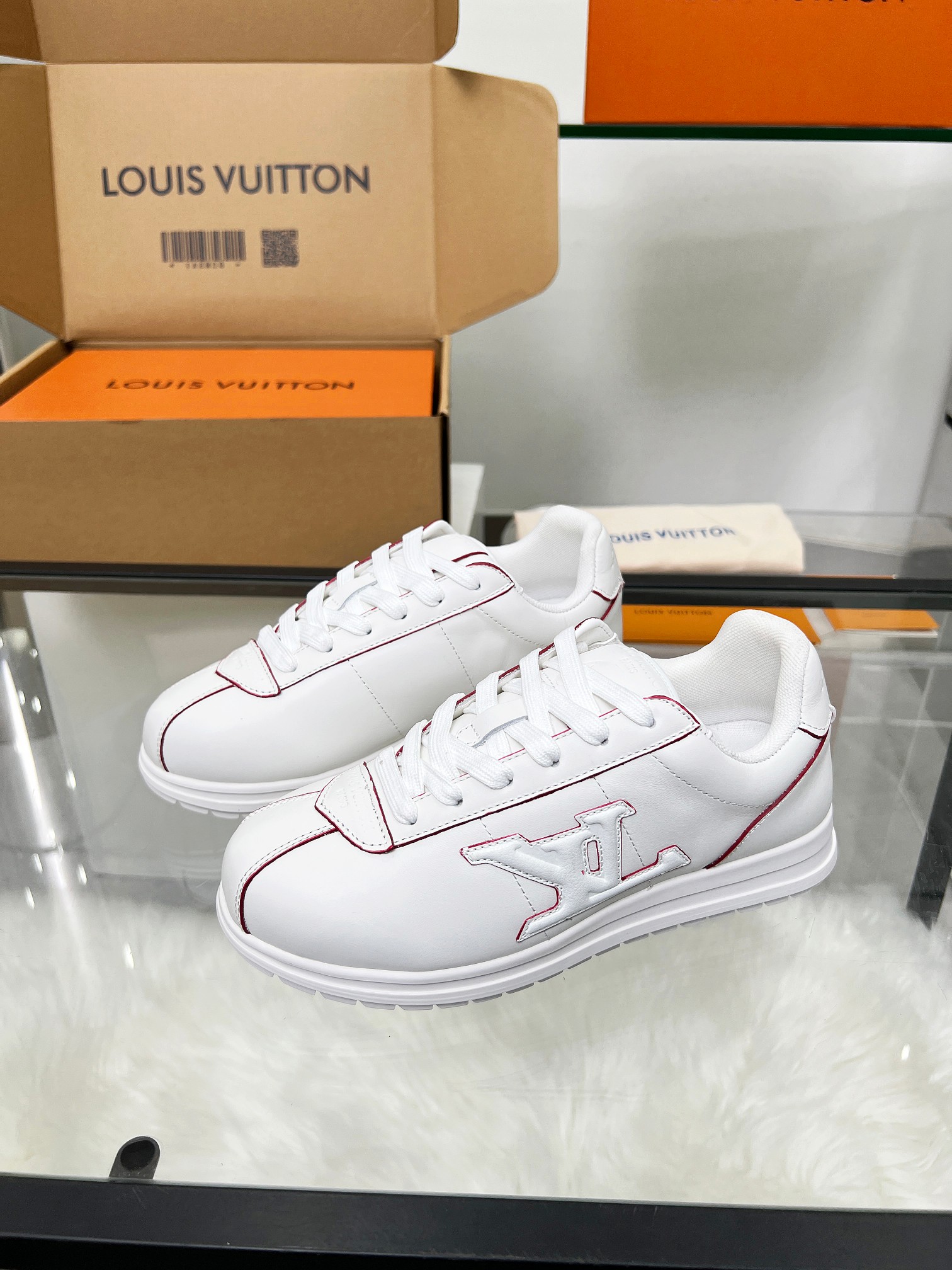 Louis Vuitton LV White Sneakers with Red Stitching – Women’s Shoes