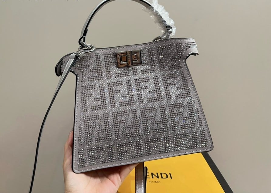 Fendi Peekaboo Iseeu Petite Silver Leather Bag With Crystal Ff Motif 21Cm