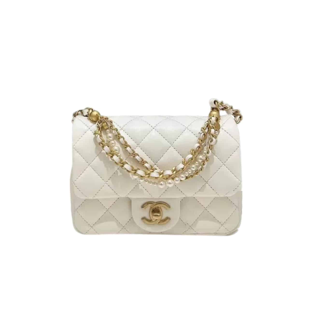 Chanel Flap Bag Gold Hardware With Chain White 17Cm/6.6in