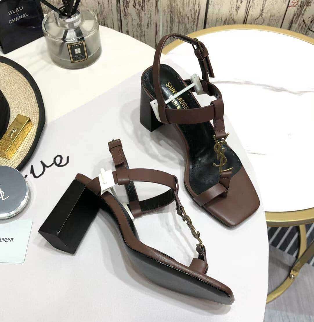 Saint Laurent Cassandra Leather Slingback Sandals Brown