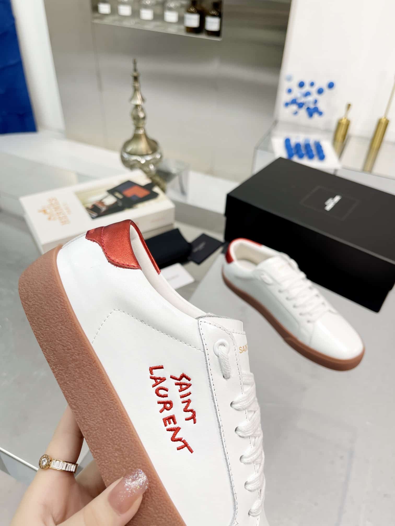 Saint Laurent Court Classic Embroidered Sneakers White And Red