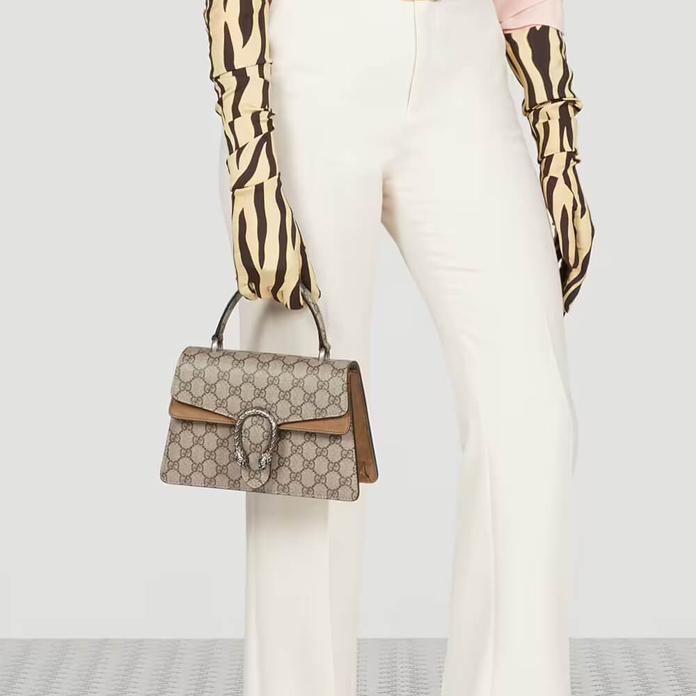 Gucci Small Dionysus Top Handle Bag Taupe Suede Trim