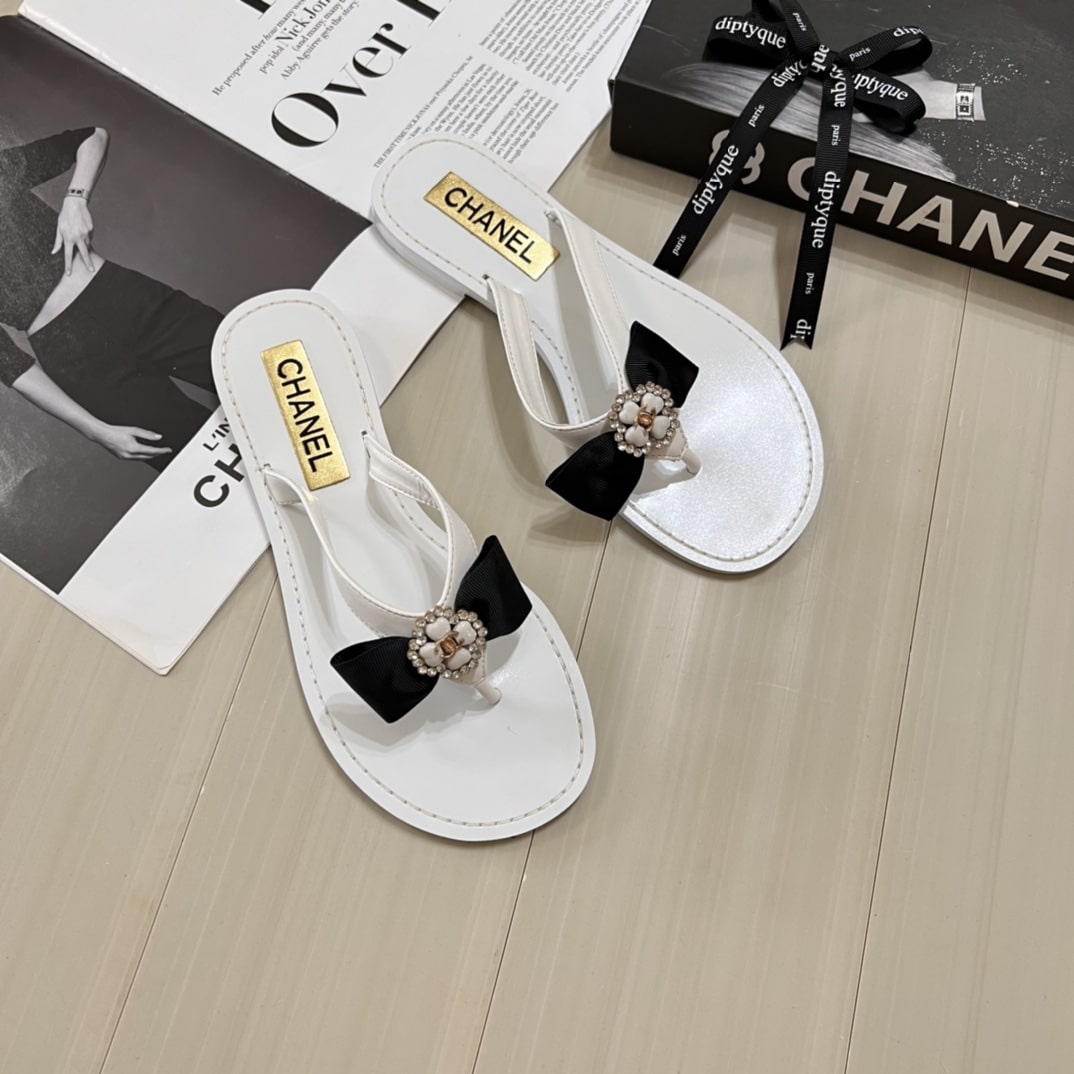 Chanel Thong Slide White Camellia Cc Logo Bow White