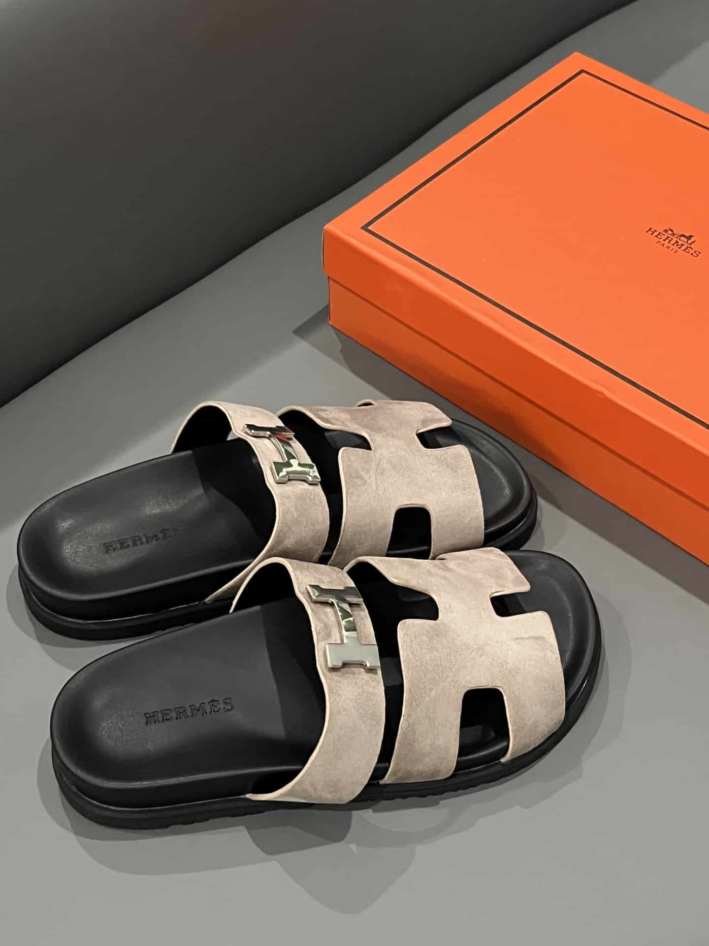 Hermes Chypre Sandal Suede H Logo Silver Hardware Light Brown
