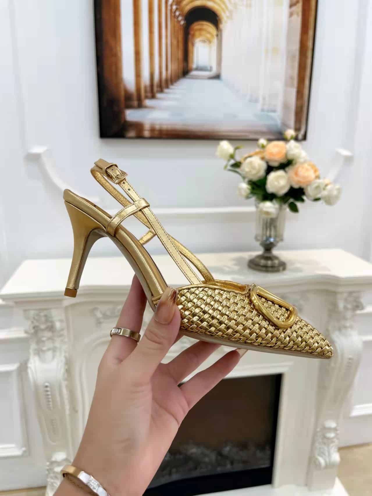 Valentino Garavani Vlogo Woven Leather Slingback Pumps Gold