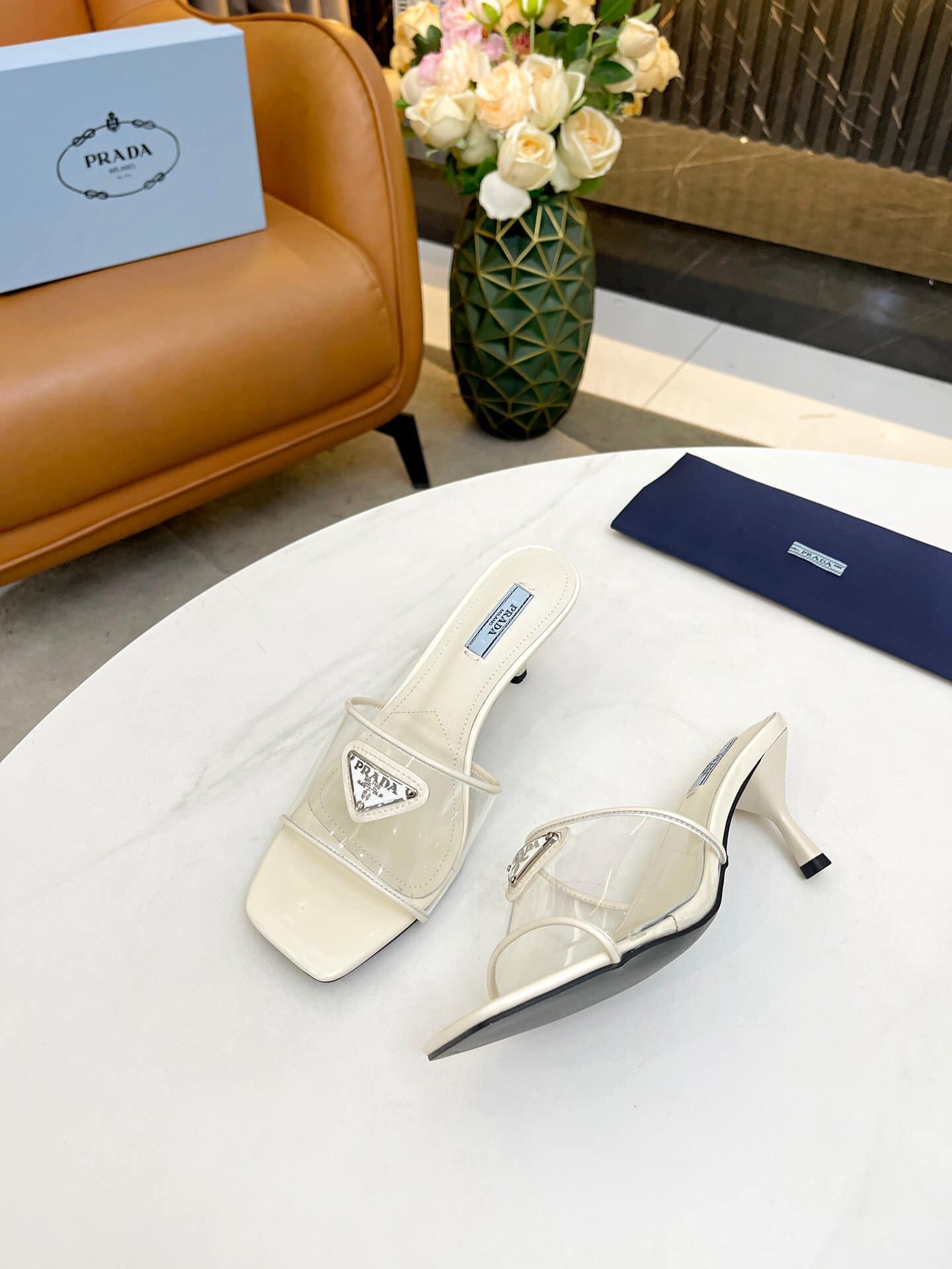 Prada Plexiglas And Patent Leather Sandals Cream