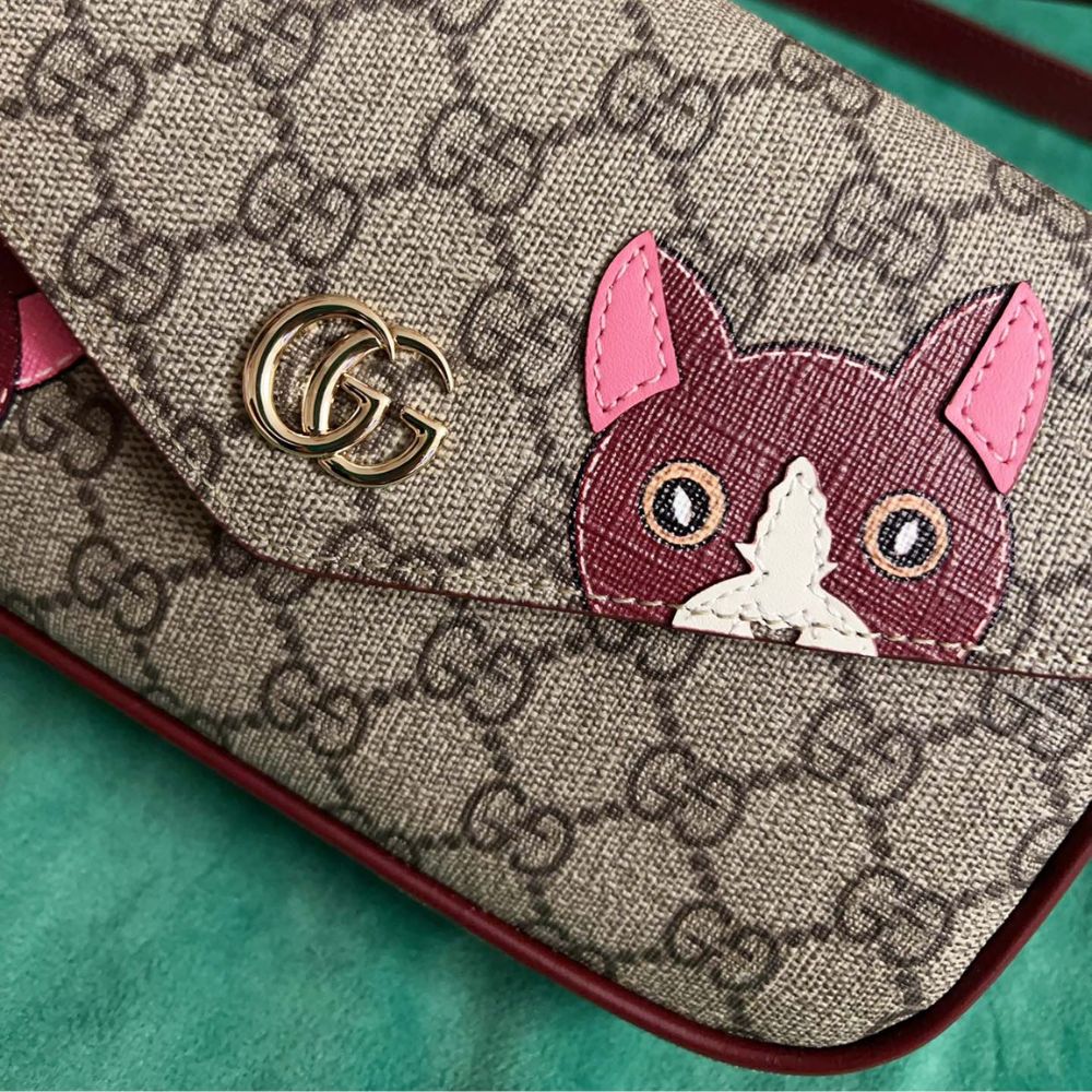 Gucci Gg Mini Shoulder Bag With Cat Detail Beige And Dark Brown 22Cm