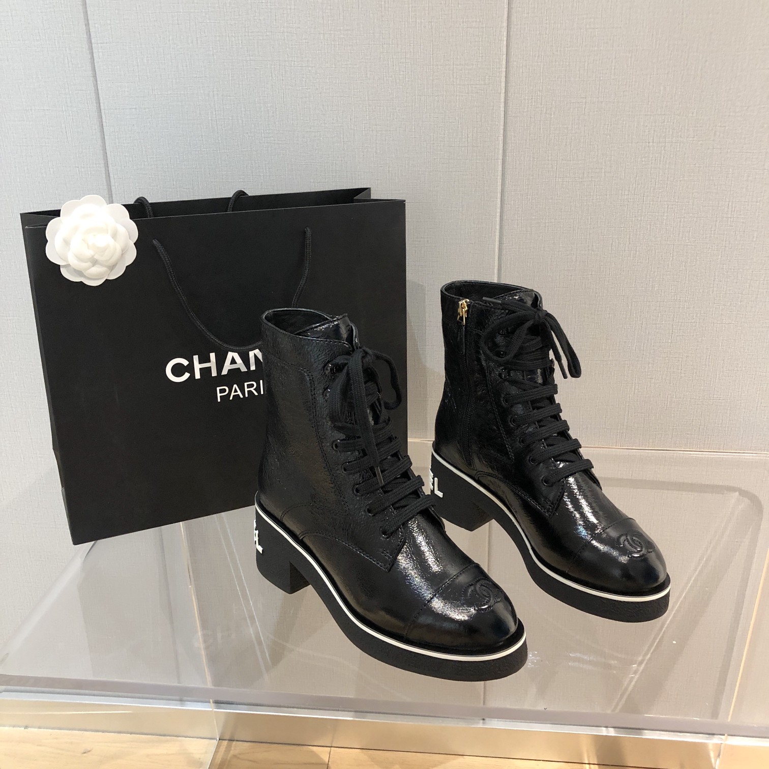 Chanel White Logo Crinkled Leather Combat Boots For Women