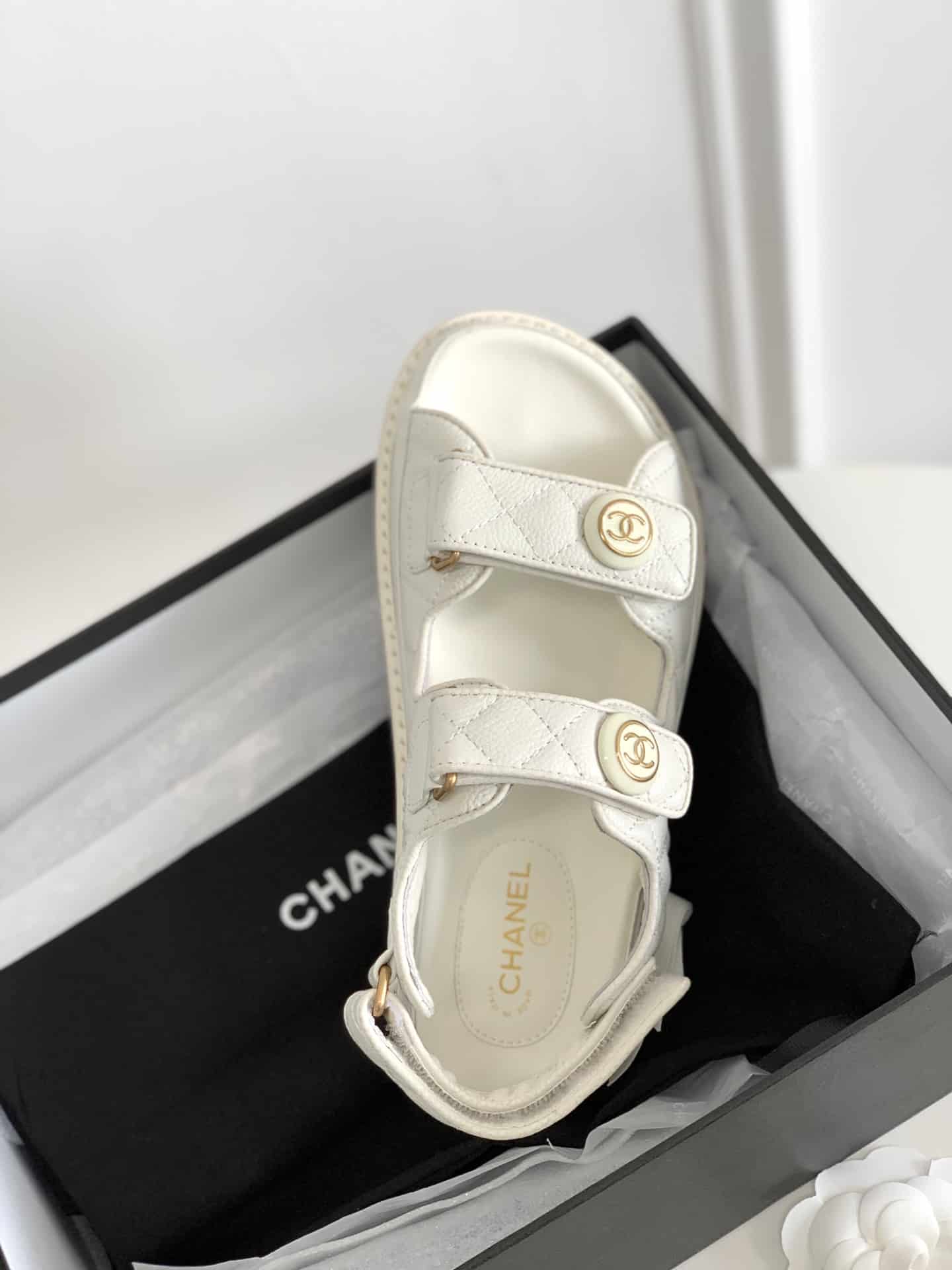 Chanel Cc Button Velcro White Sandals Grained Calfskin Leather