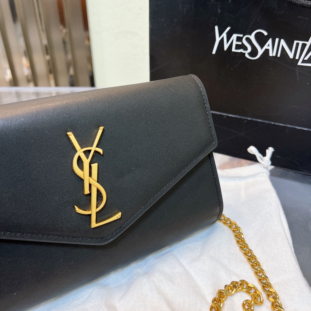 Saint Laurent Uptown Chain Wallet In Grain De Poudre Embossed Black 19Cm