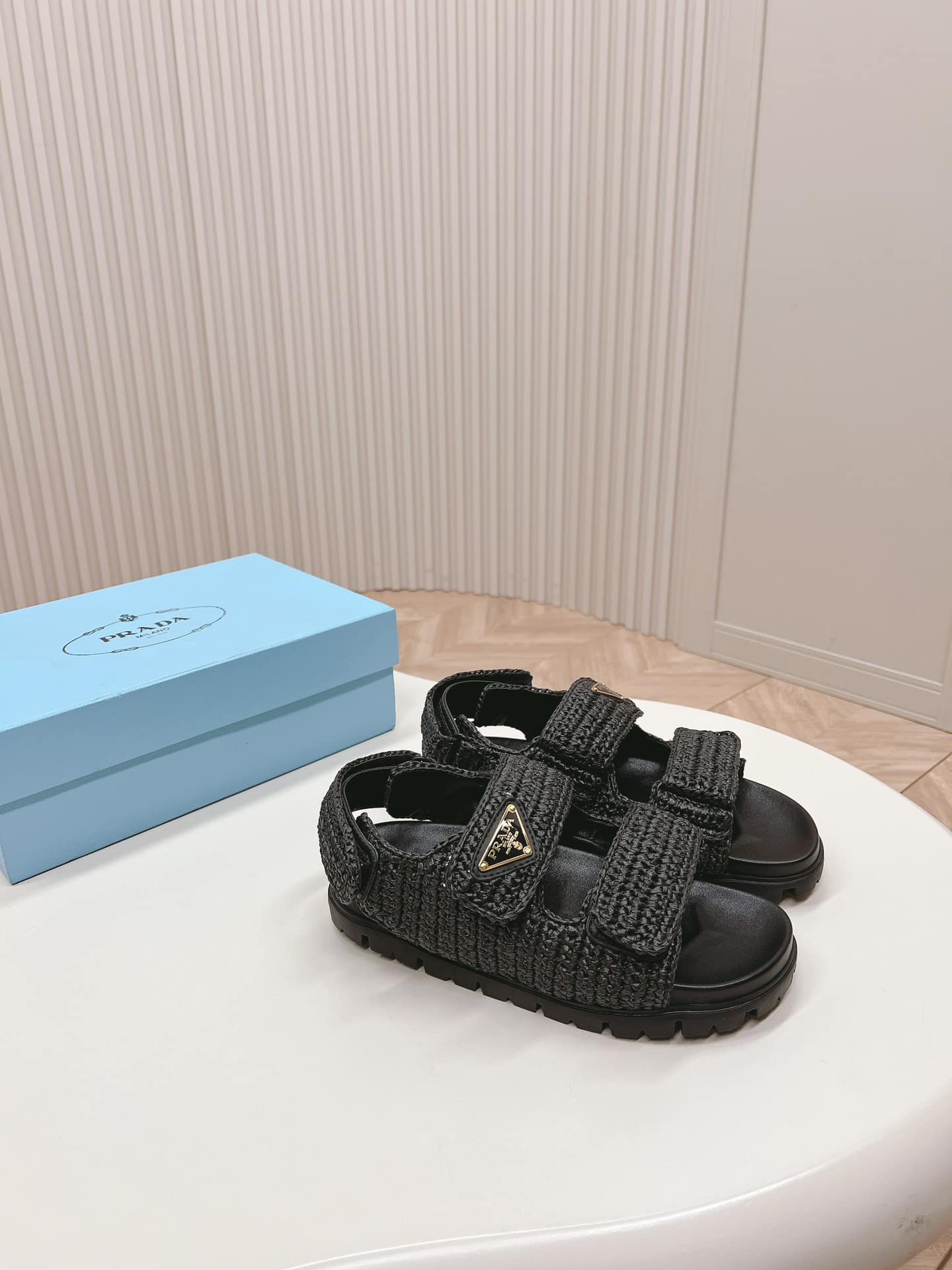 Prada Monolith Crochet Raffia Effect Sandals In Black