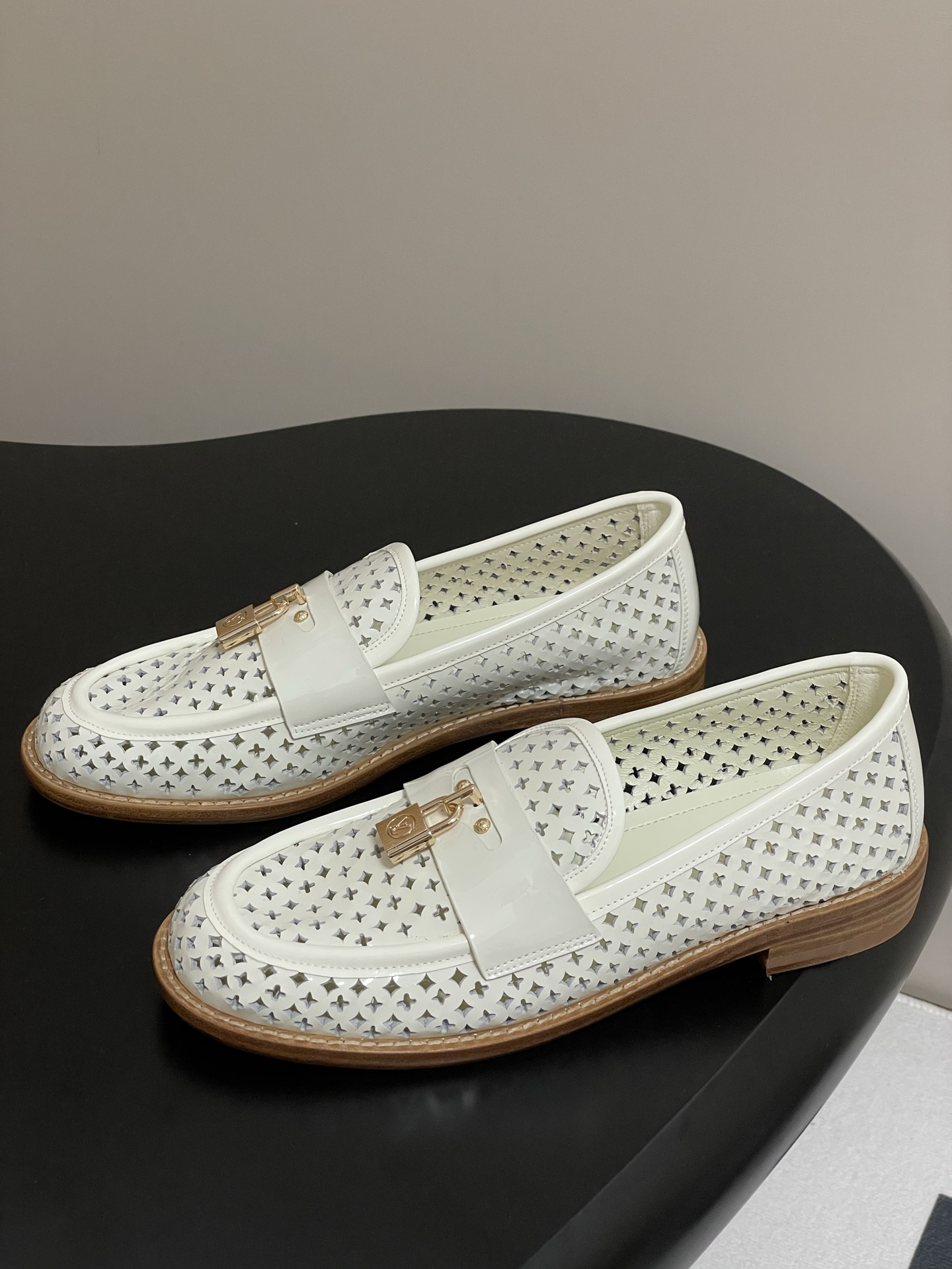 Louis Vuitton Chess Flat Loafer White Monogram Embroidered with Gold Padlock 1AGXRV