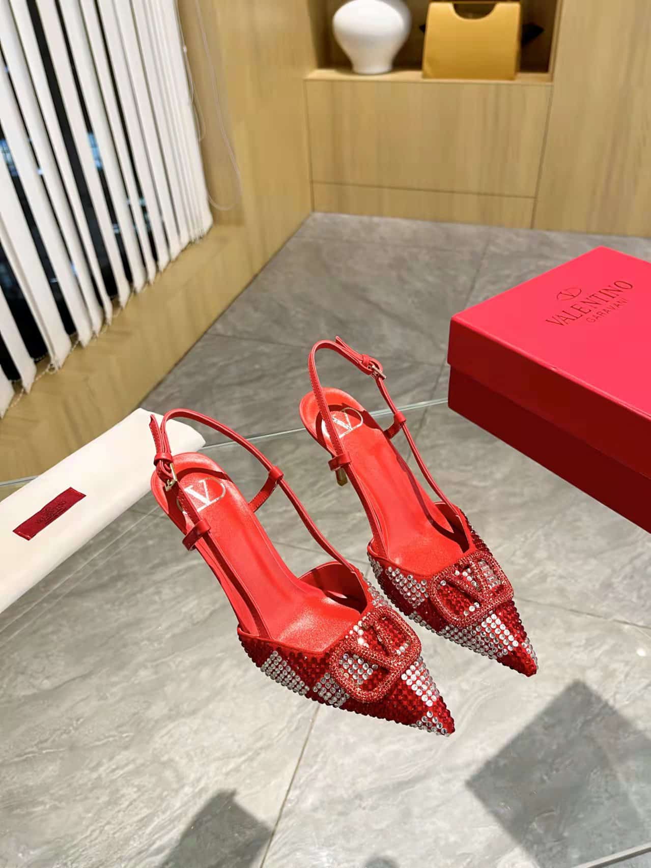 Valentino VLogo Signature Back Strap Crystal High Heels Red