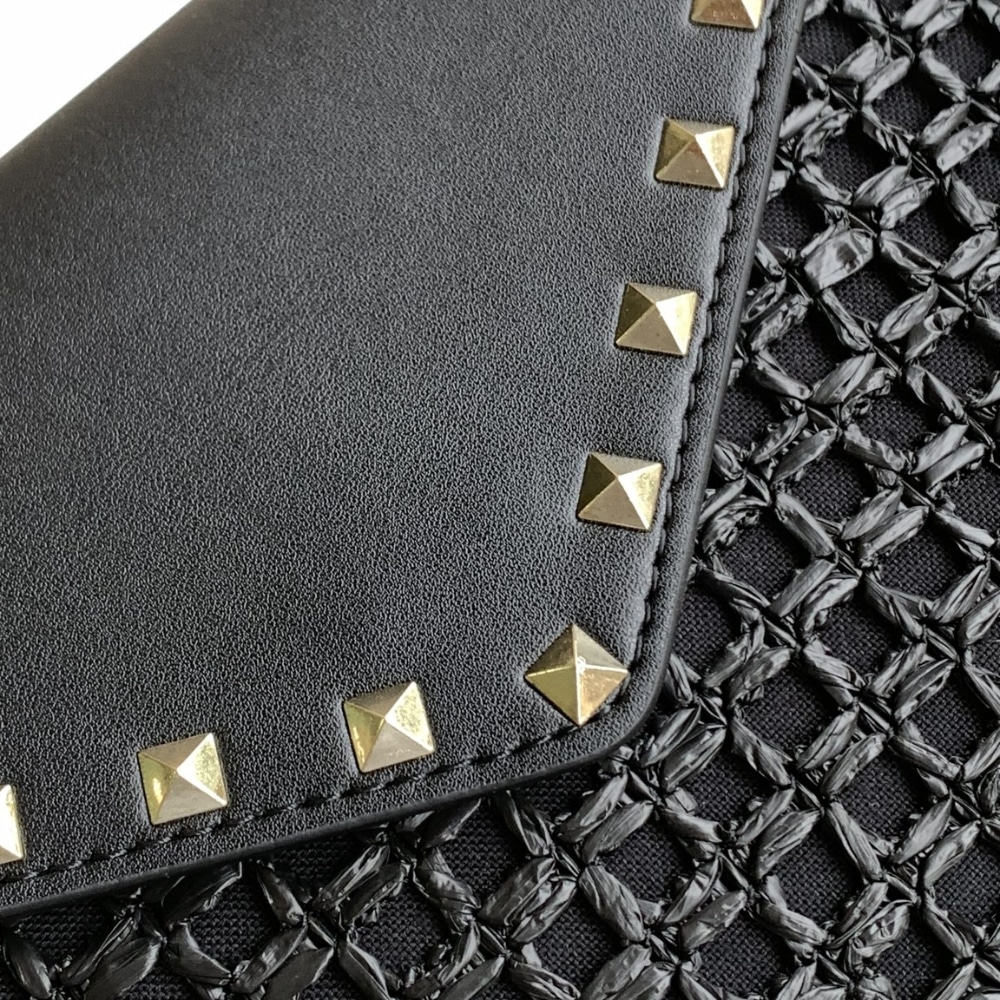 Valentino Garavani Rockstud Raffia Clutch Bag In Black 28Cm