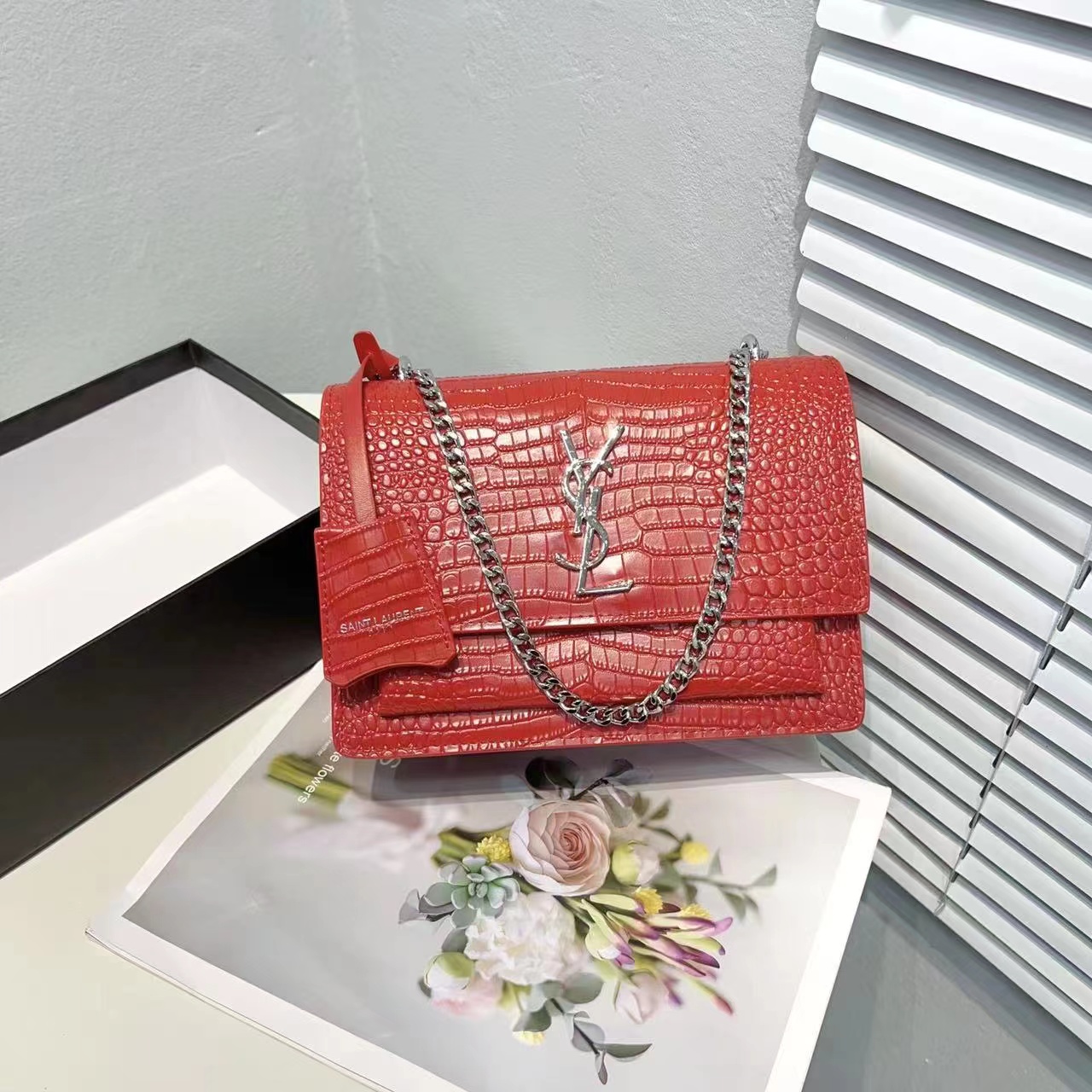 Saint Laurent Sunset Embossed Leather Bag Red