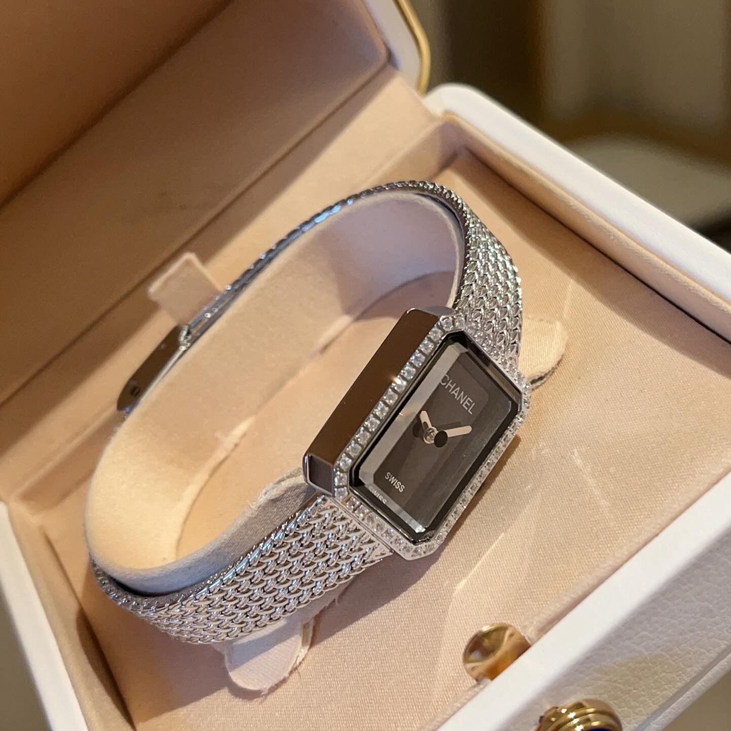 Chanel Première Silver Diamond Watch Black Dial