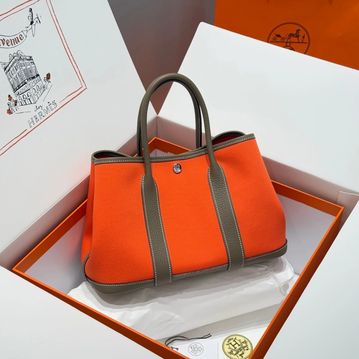 HM Garden Party 30cm Bag Etoupe Togo Orange Canvas