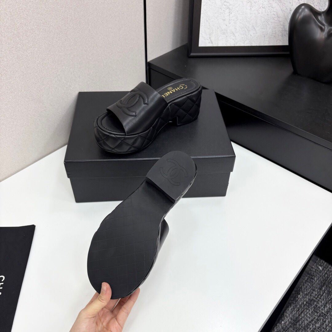 Chanel CC Embossed Logo High Heel Mules in Black Quilted Calfskin