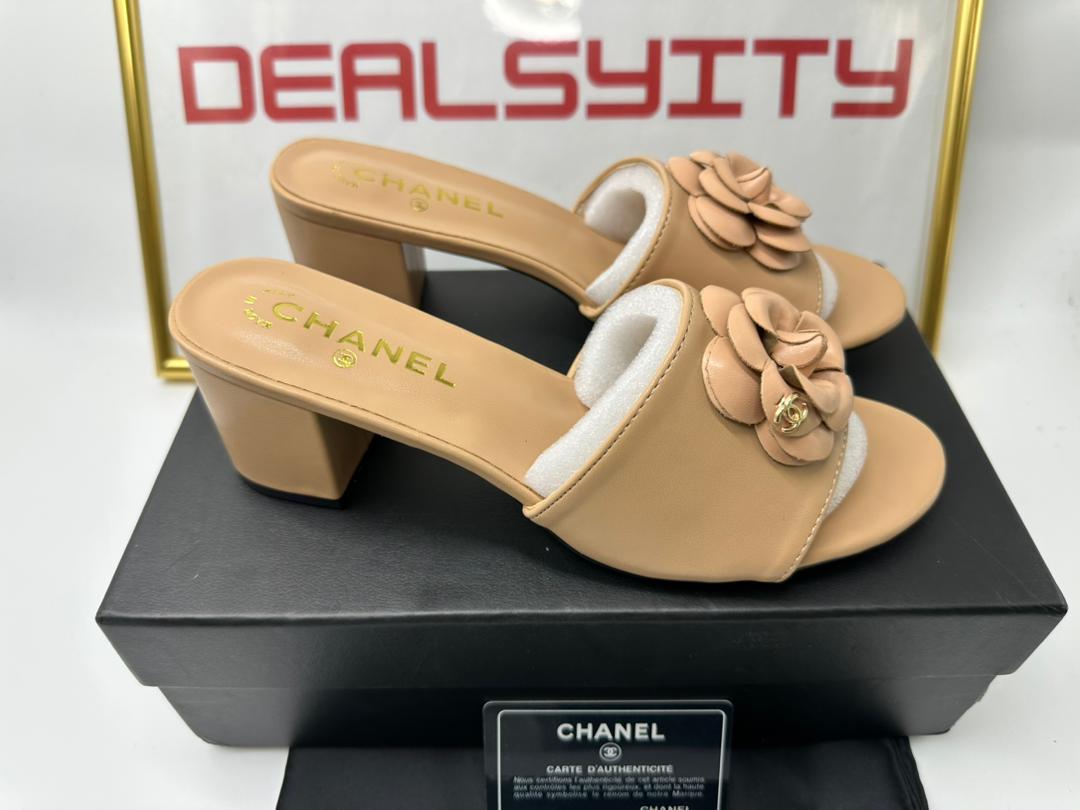 Chanel Camellia Medium Heel Slippers Beige