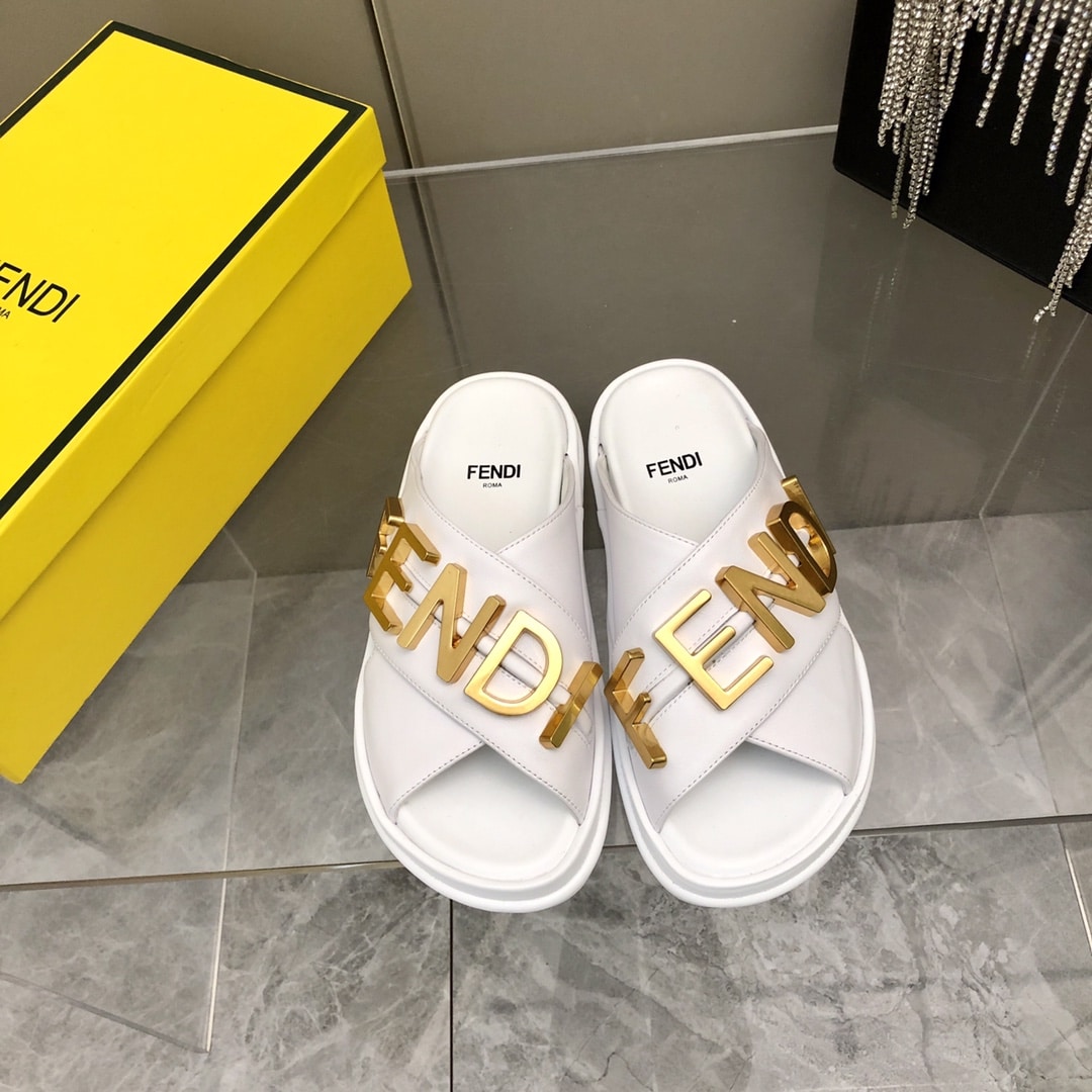 Fendi Fendigraphy Leather Slides White