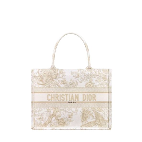 DIOR  41CM BOOK LARGE TOTE BAG WINTER GARDEN EMBROIDERY IN GOLD METALLIC THREADS