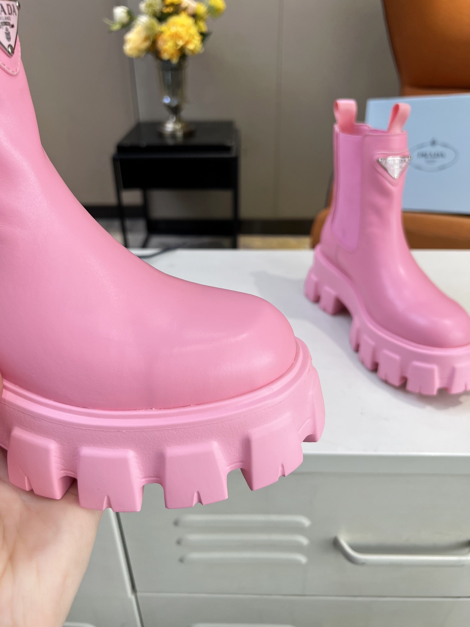 Prada Monolith Brushed Leather Booties Pink