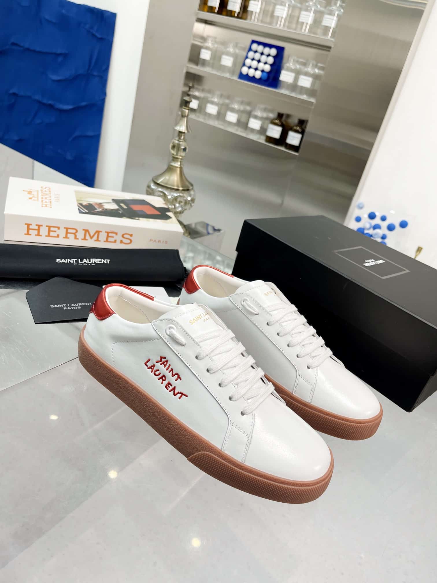 Saint Laurent Court Classic Embroidered Sneakers White And Red