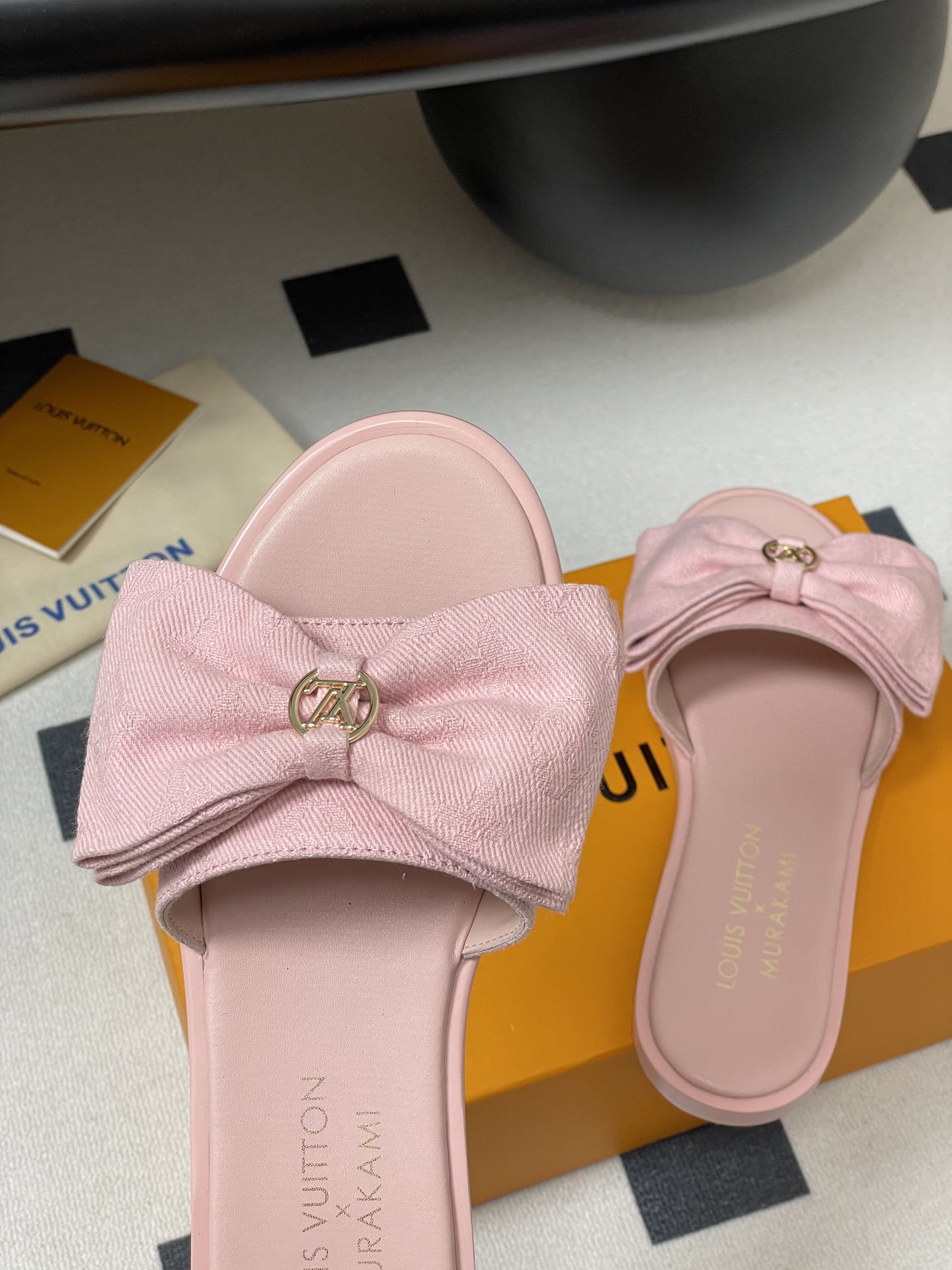 Louis Vuitton x Takashi Murakami Lily Flat Mule Bow Slide Sandals Black Canvas 1AGVYA